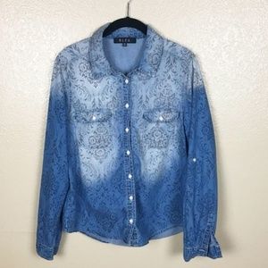 B.L.E.U Floral Damask Pattern Denim Button Up Top